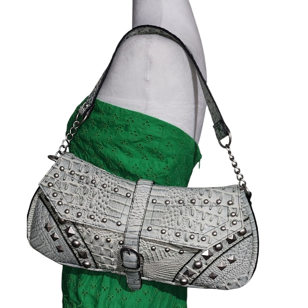 VTG Diane Gilman  Faux Crocodile Satchel Silver Studded Shoulder Bag Purse Y2K